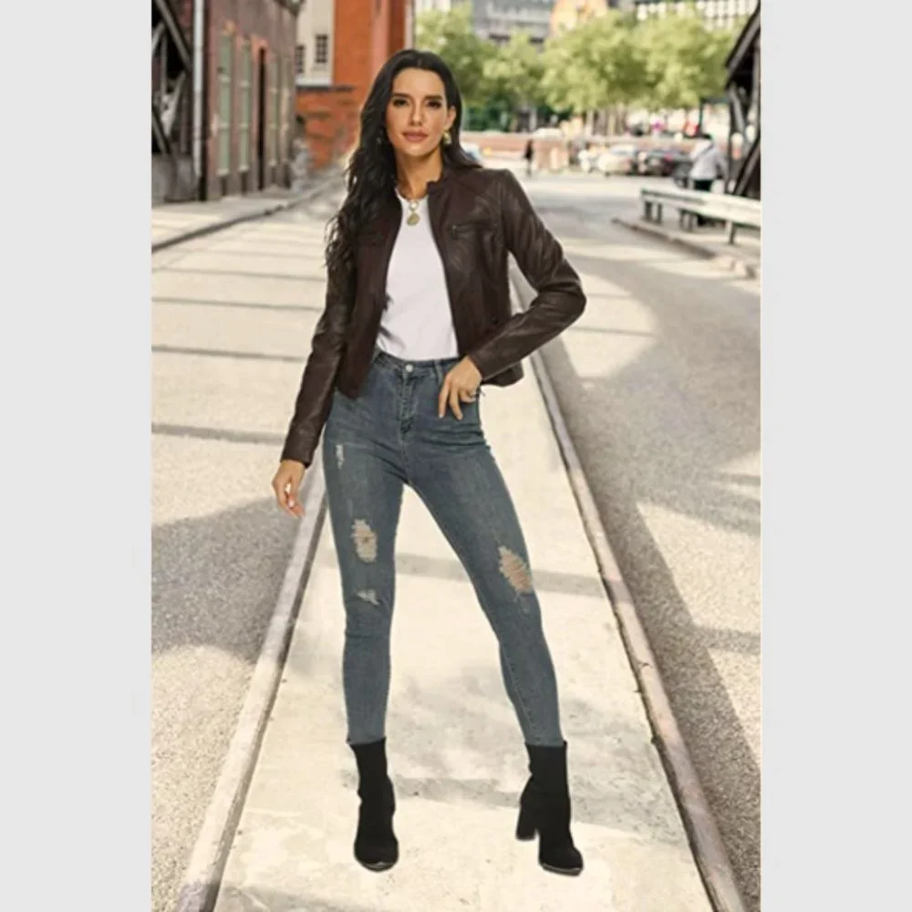 New with Tags Fahsyee Women's Zip-Up Faux Leather Jacket, Size M, Coffee Brown - Picture 11 of 13